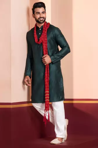  green silk blend kurta duppata set for men