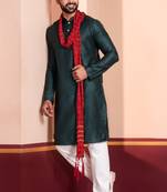  green silk blend kurta duppata set for men