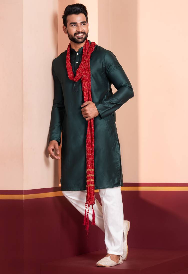  green silk blend kurta duppata set for men