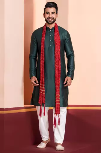  green silk blend kurta duppata set for men