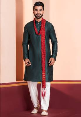  green silk blend kurta duppata set for men 3
