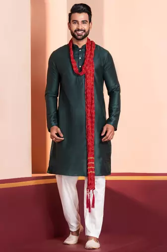  green silk blend kurta duppata set for men