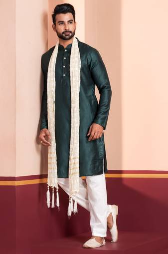  green silk blend kurta duppata set for men