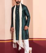 green silk blend kurta duppata set for men