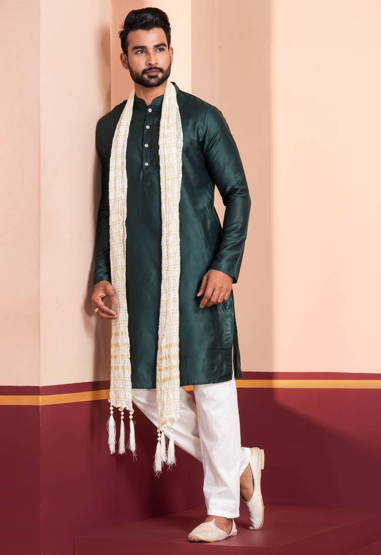  green silk blend kurta duppata set for men