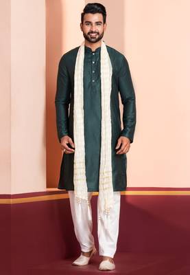  green silk blend kurta duppata set for men 2