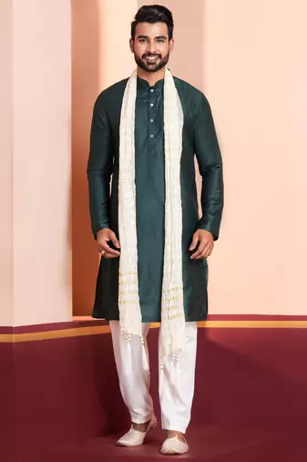  green silk blend kurta duppata set for men