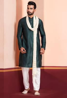  green silk blend kurta duppata set for men 3