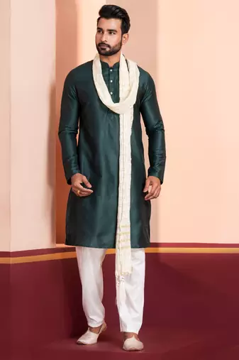  green silk blend kurta duppata set for men