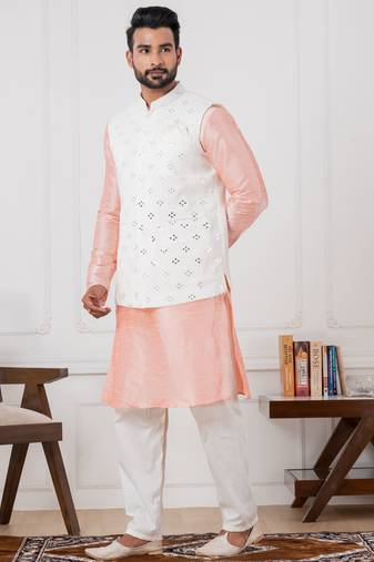  blue silk blend kurta jacket  set for men with embroidered work