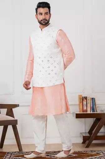  blue silk blend kurta jacket  set for men with embroidered work