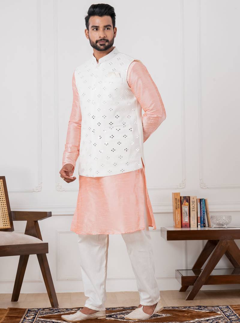  blue silk blend kurta jacket  set for men with embroidered work