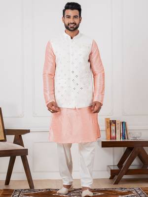  blue silk blend kurta jacket  set for men with embroidered work 2