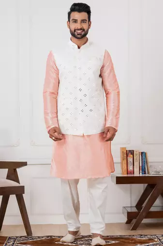  blue silk blend kurta jacket  set for men with embroidered work