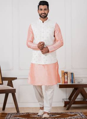  blue silk blend kurta jacket  set for men with embroidered work 3