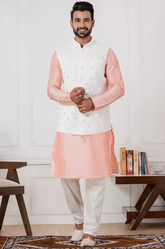  blue silk blend kurta jacket  set for men with embroidered work