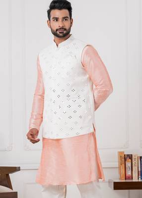  blue silk blend kurta jacket  set for men with embroidered work 4