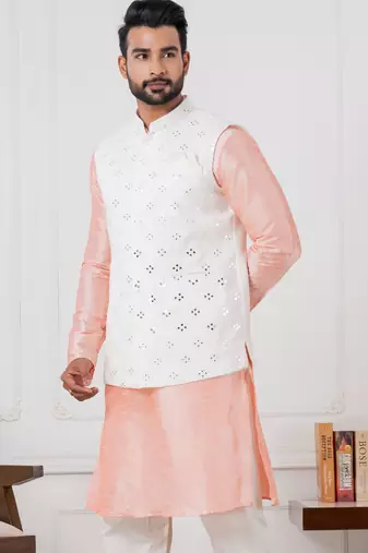  blue silk blend kurta jacket  set for men with embroidered work