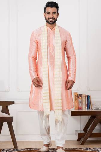  pink silk blend kurta duppata  set for men