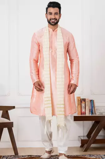  pink silk blend kurta duppata  set for men