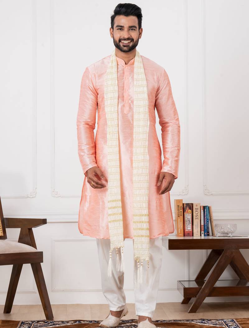  pink silk blend kurta duppata  set for men