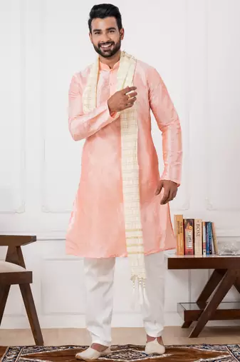  pink silk blend kurta duppata  set for men