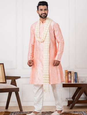  pink silk blend kurta duppata  set for men 3
