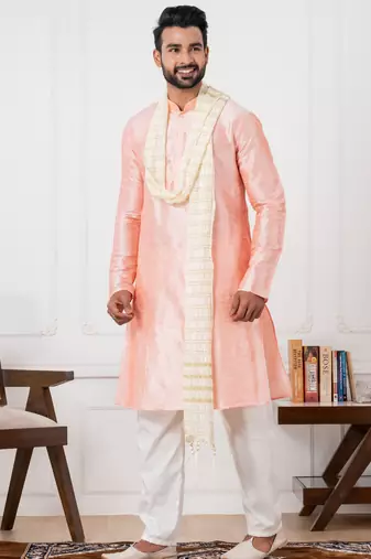  pink silk blend kurta duppata  set for men
