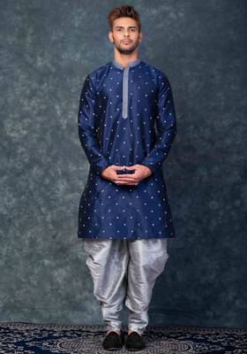  blue printed kurta set for men with dhoti 1