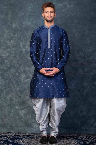 blue printed kurta set for men with dhoti