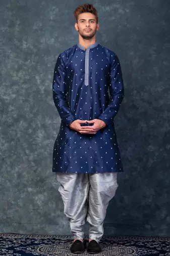  blue printed kurta set for men with dhoti