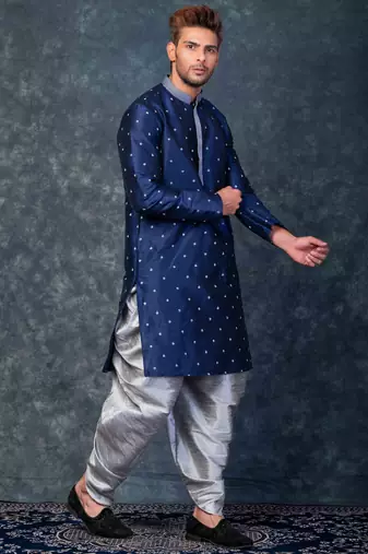  blue printed kurta set for men with dhoti