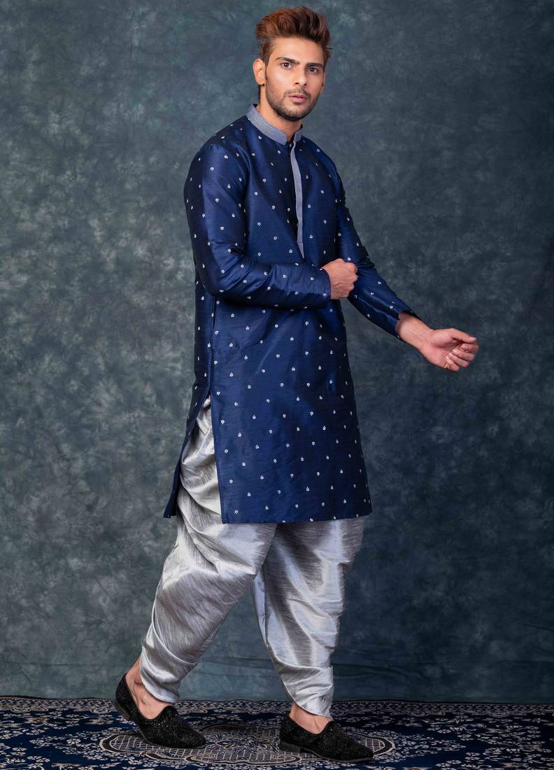  blue printed kurta set for men with dhoti