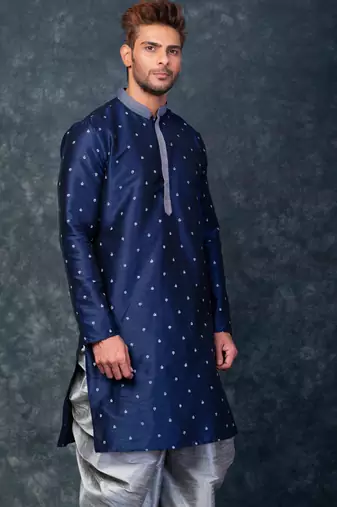  blue printed kurta set for men with dhoti