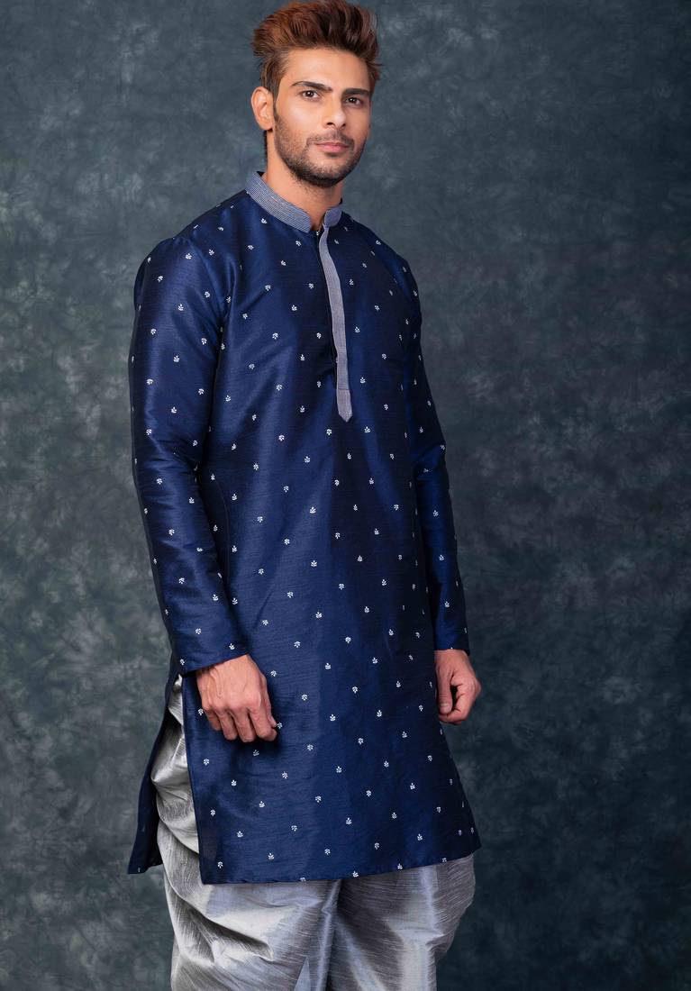  blue printed kurta set for men with dhoti