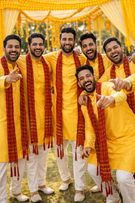  yellow silk blend kurta duppata set for men  2