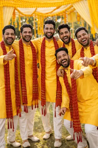  yellow silk blend kurta duppata set for men 