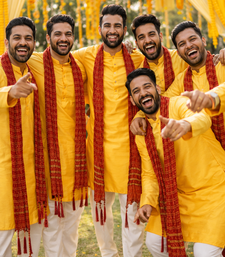 yellow silk blend kurta duppata set for men 