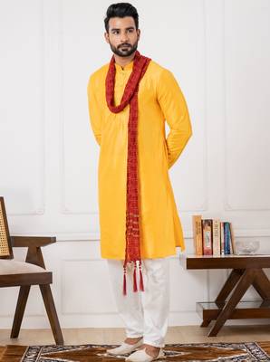  yellow silk blend kurta duppata set for men  3