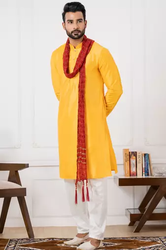  yellow silk blend kurta duppata set for men 