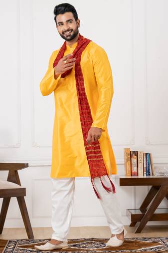  yellow silk blend kurta duppata set for men 