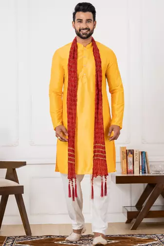  yellow silk blend kurta duppata set for men 
