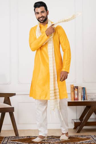 yellow silk blend kurta jacket set for men
