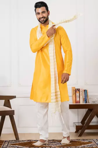  yellow silk blend kurta jacket set for men