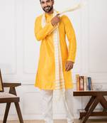  yellow silk blend kurta jacket set for men