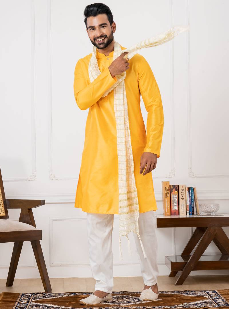  yellow silk blend kurta jacket set for men