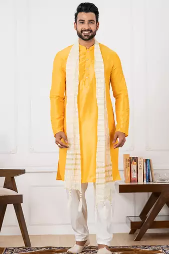  yellow silk blend kurta jacket set for men