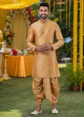  beige silk blend kurta jacket duppata set for men 1