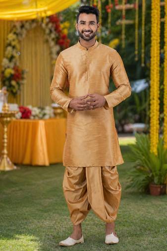  beige silk blend kurta jacket duppata set for men