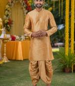  beige silk blend kurta jacket duppata set for men